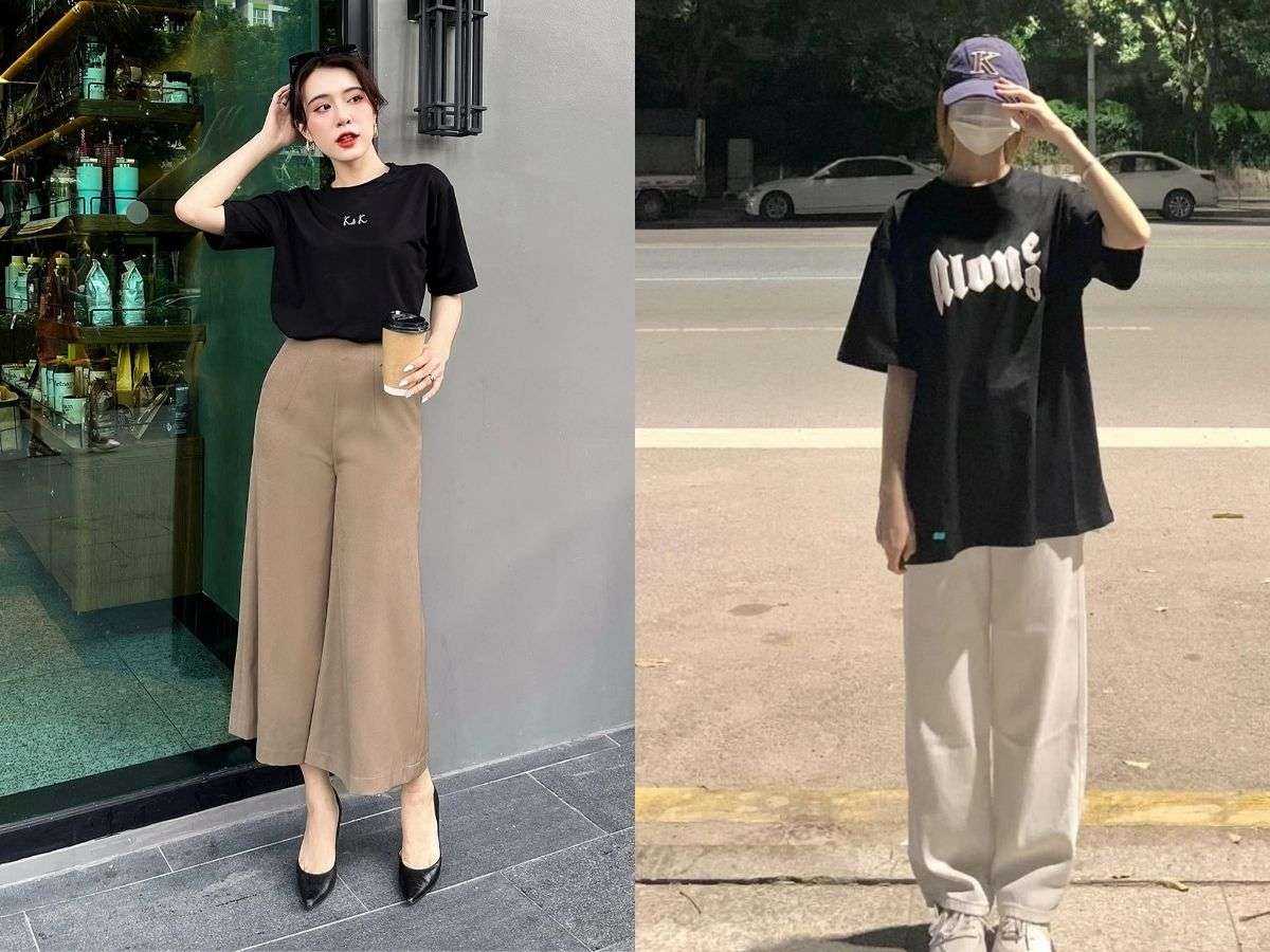 Trở nên thanh thoát và hiện đại khi kết hợp áo thun tay lỡ với quần ống rộng