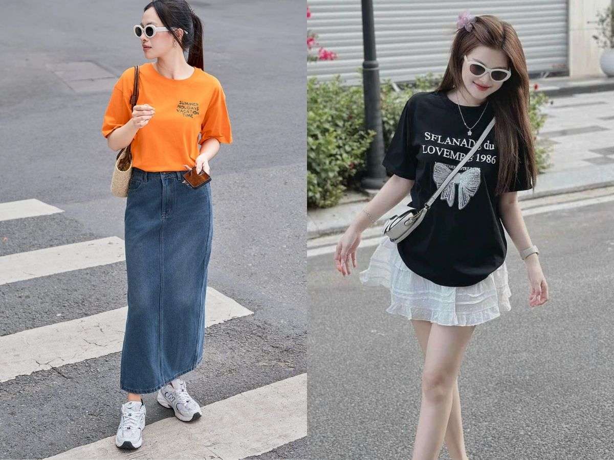 Dễ dàng biến hóa phong cách với áo thun tay lỡ và các kiểu chân váy