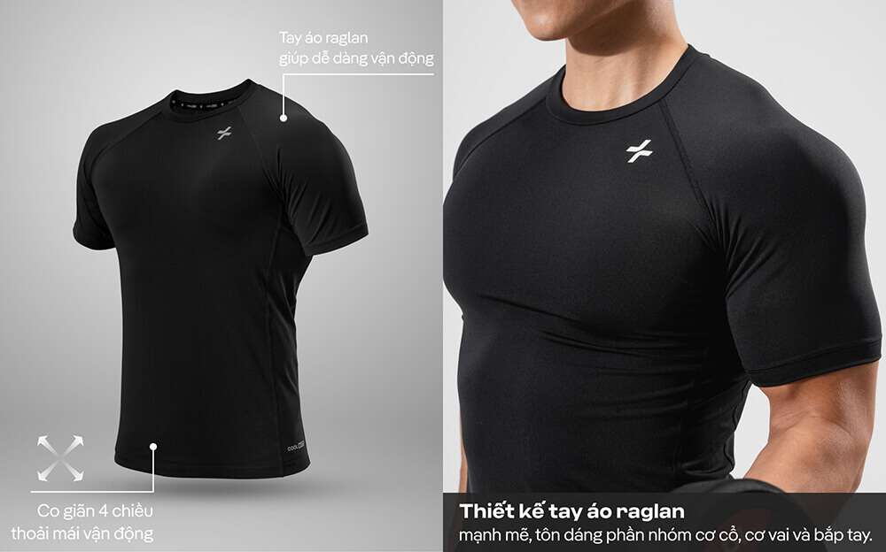 Cận cảnh áo thun thể thao nam với thiết kế tay raglan và chất liệu co giãn 4 chiều