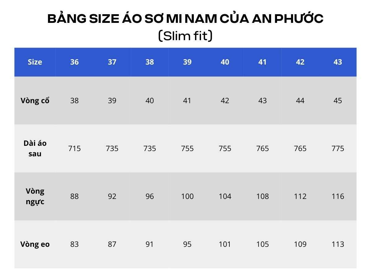 Bảng size áo sơ mi nam An Phước form slim fit