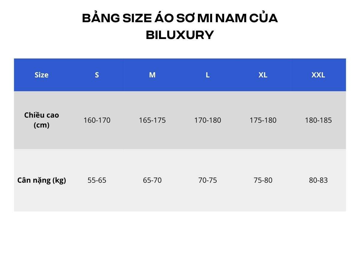 Bảng size áo sơ mi nam Biluxury