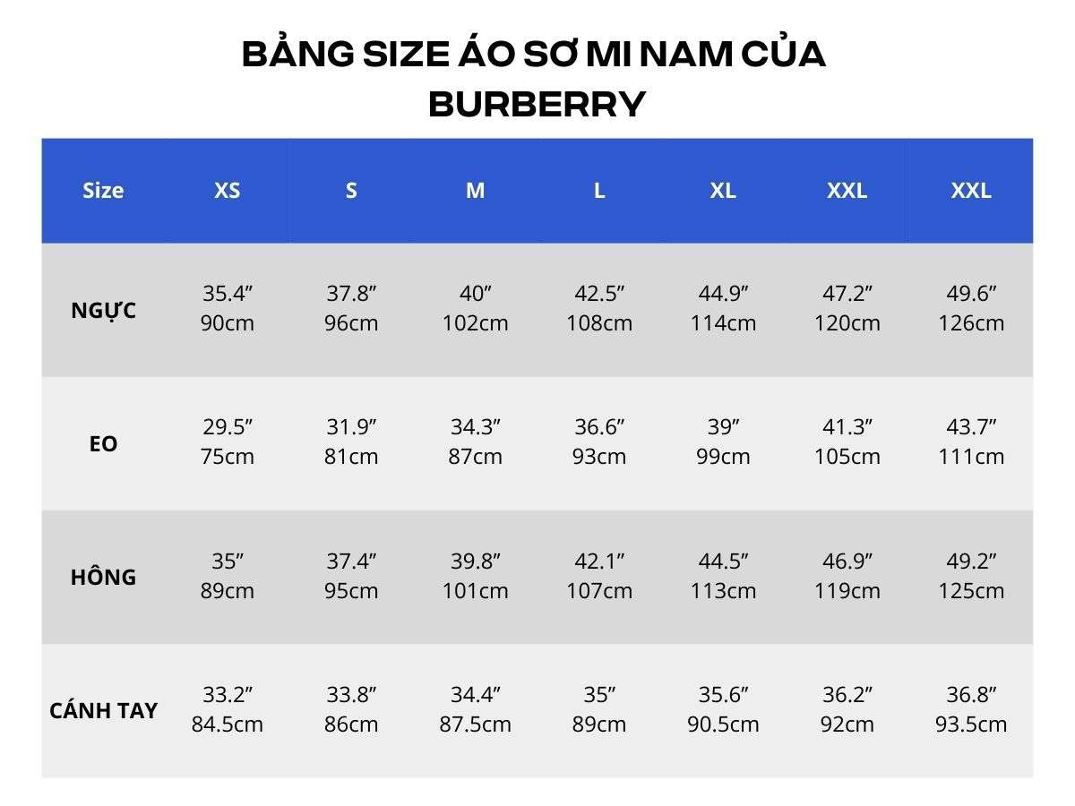 Bảng size áo sơ mi nam của Burberry