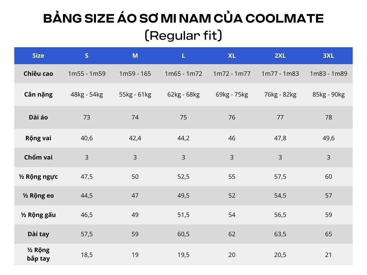 Bảng size áo sơ mi của Coolmate form Regular fit