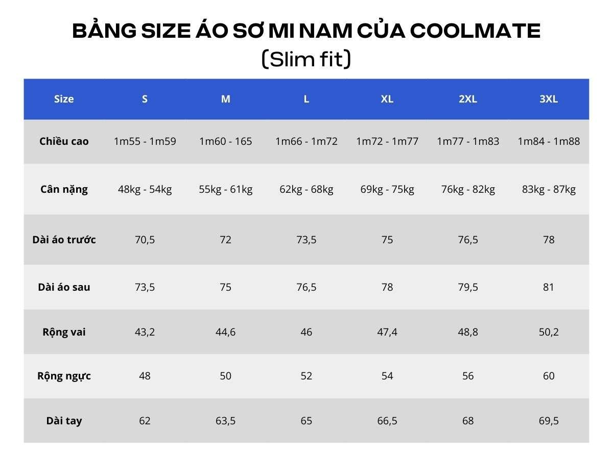 Bảng size áo sơ mi của Coolmate Slim fit