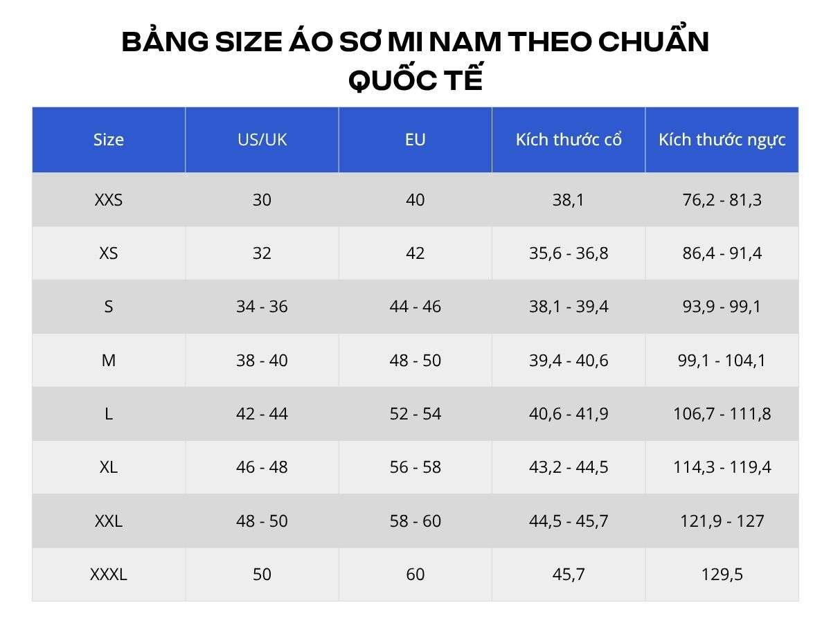 Bảng size áo sơ mi nam chuẩn Quốc tế