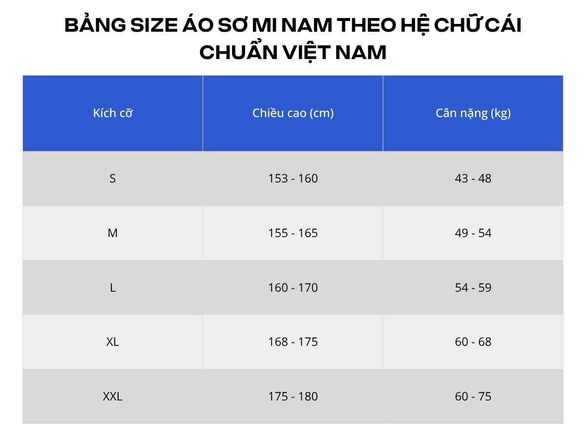 Bảng size áo sơ mi nam theo hệ chữ cái chuẩn Việt Nam
