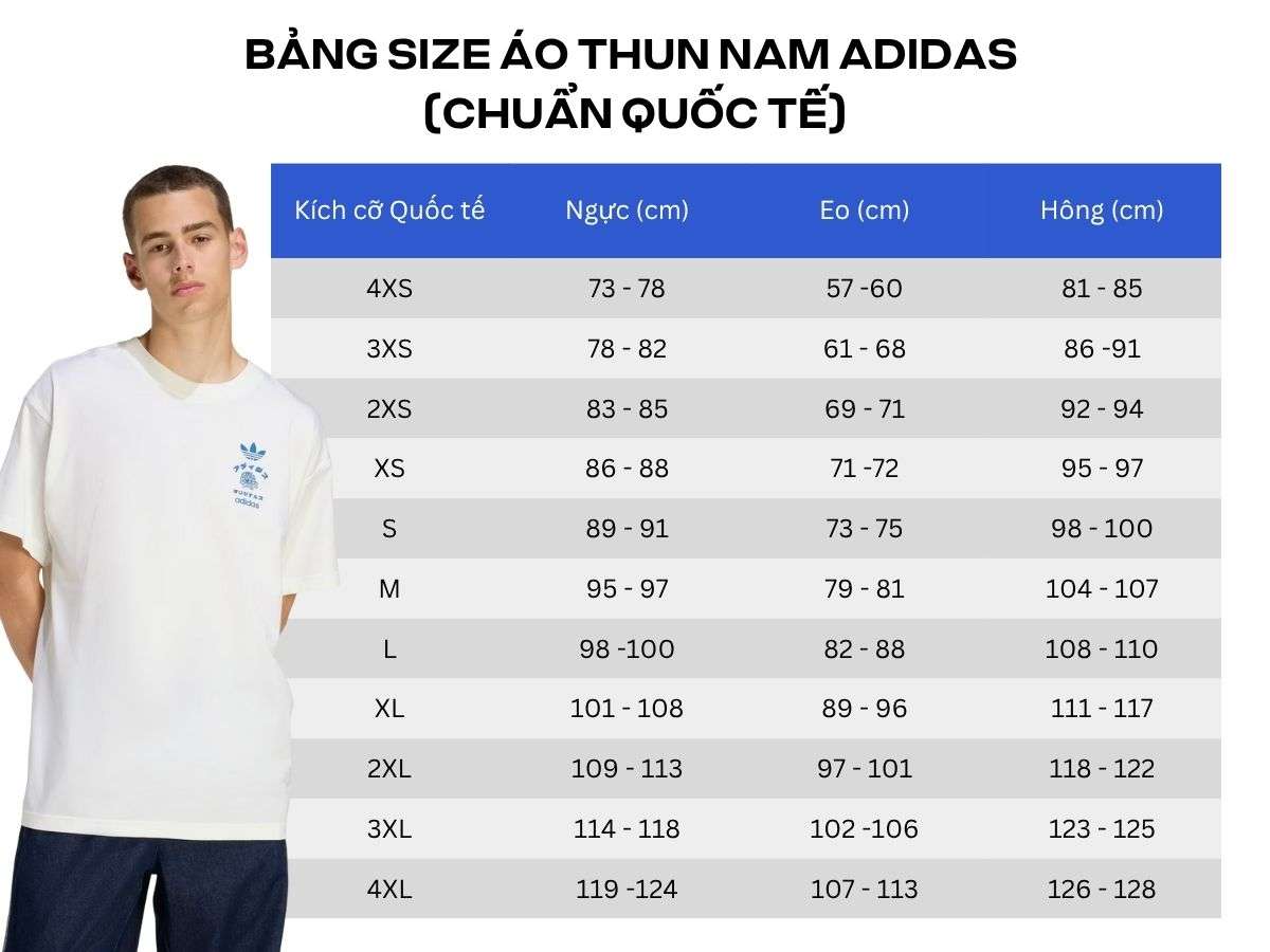 Bảng size áo thun nam Adidas (Chuẩn Quốc tế)