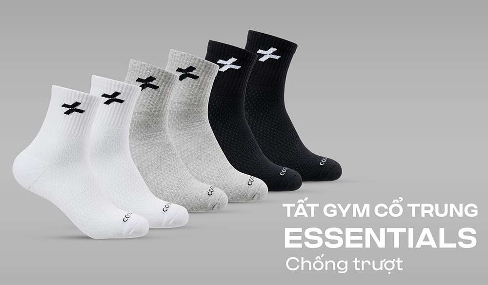 Bộ sưu tập tất gym cổ trung Essentials với các màu trắng, xám, đen