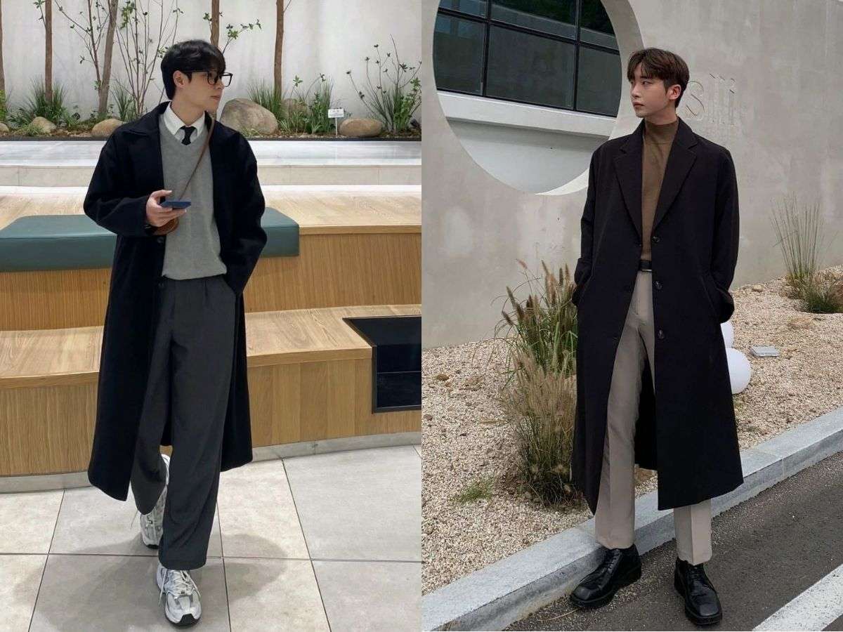 Phối áo trench coat và quần kaki ống suông