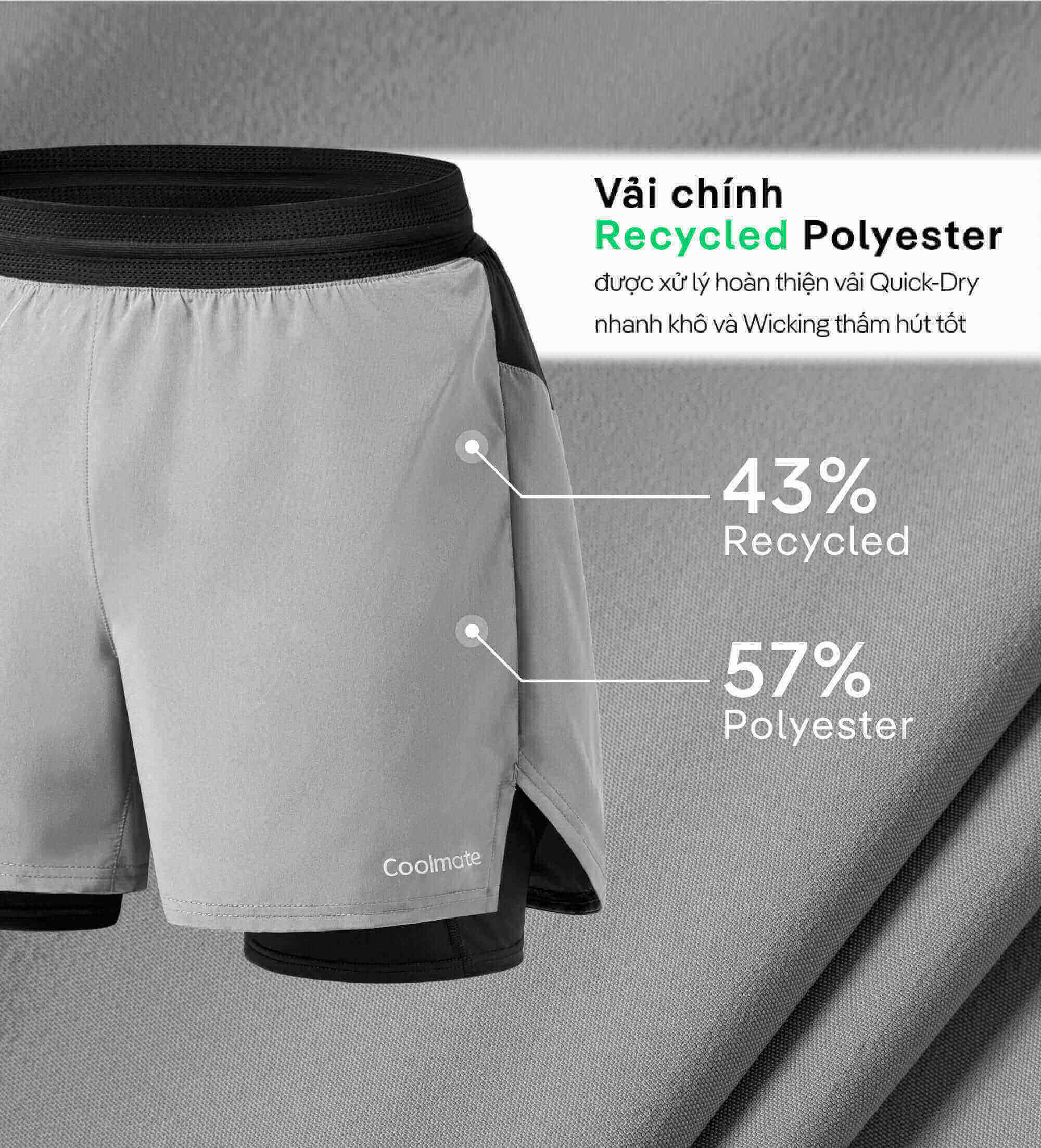 Cận cảnh chất liệu vải của quần short Essential với 43% Recycled Polyester