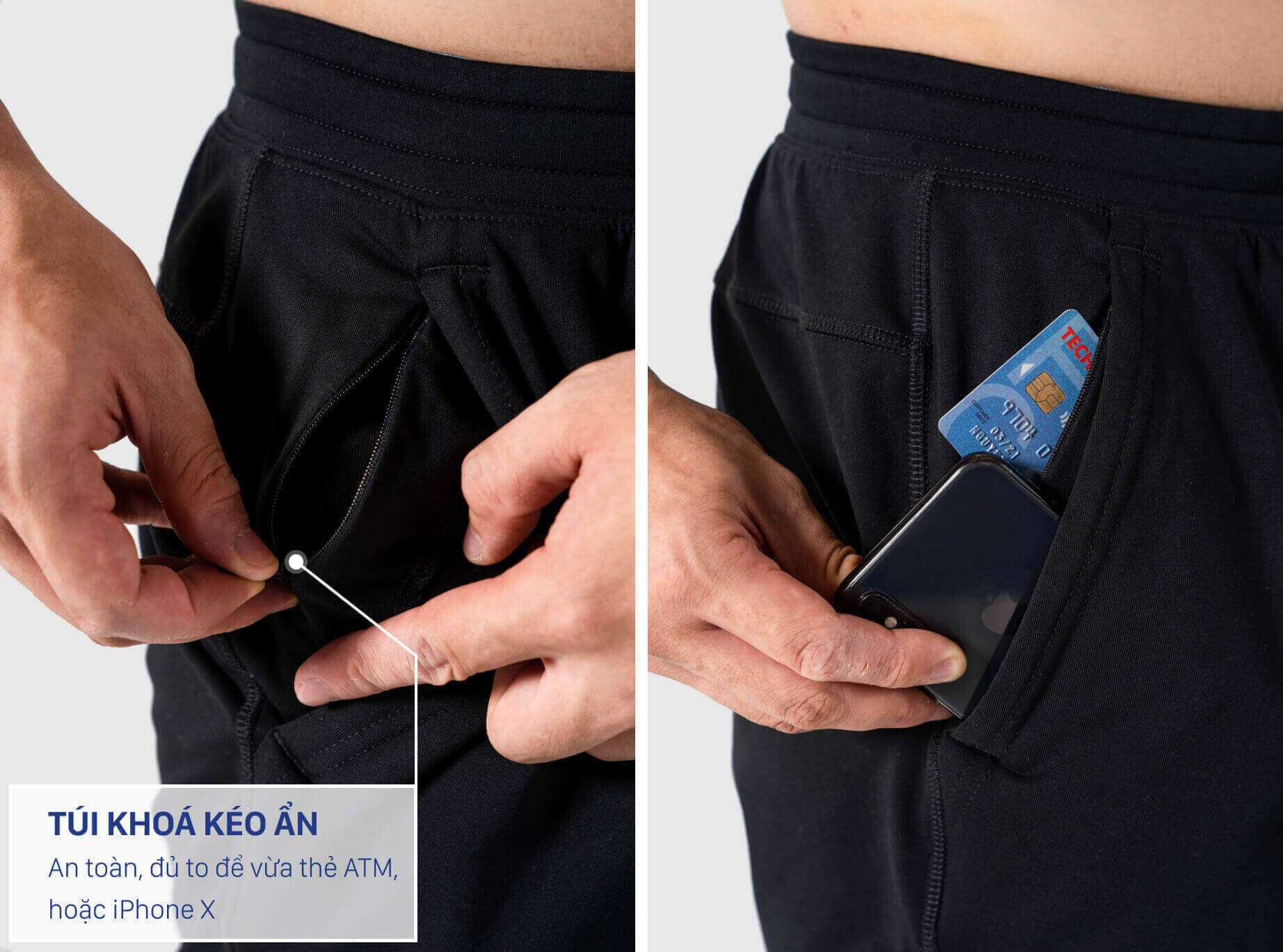 Cận cảnh túi khóa kéo ẩn tiện lợi trên quần short gym Coolmate