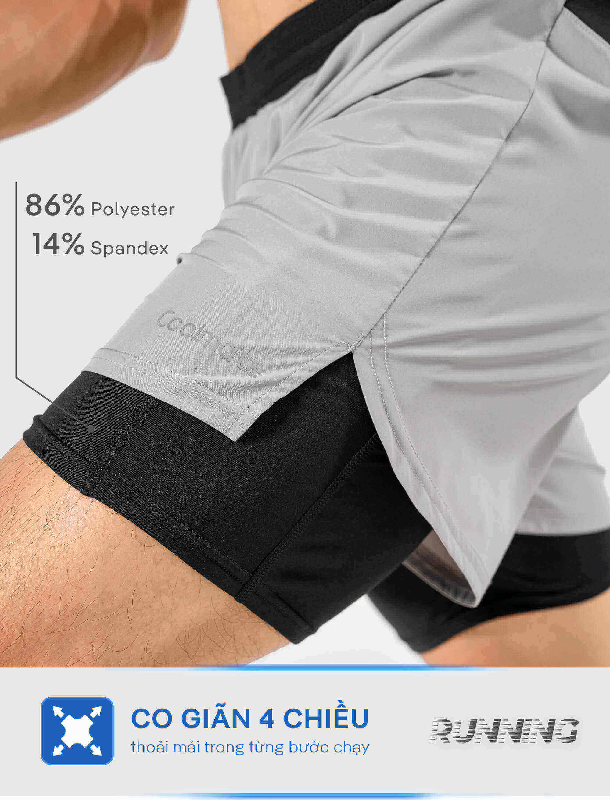 Cấu trúc 2 lớp và chất liệu co giãn 4 chiều của quần short chạy bộ Essential