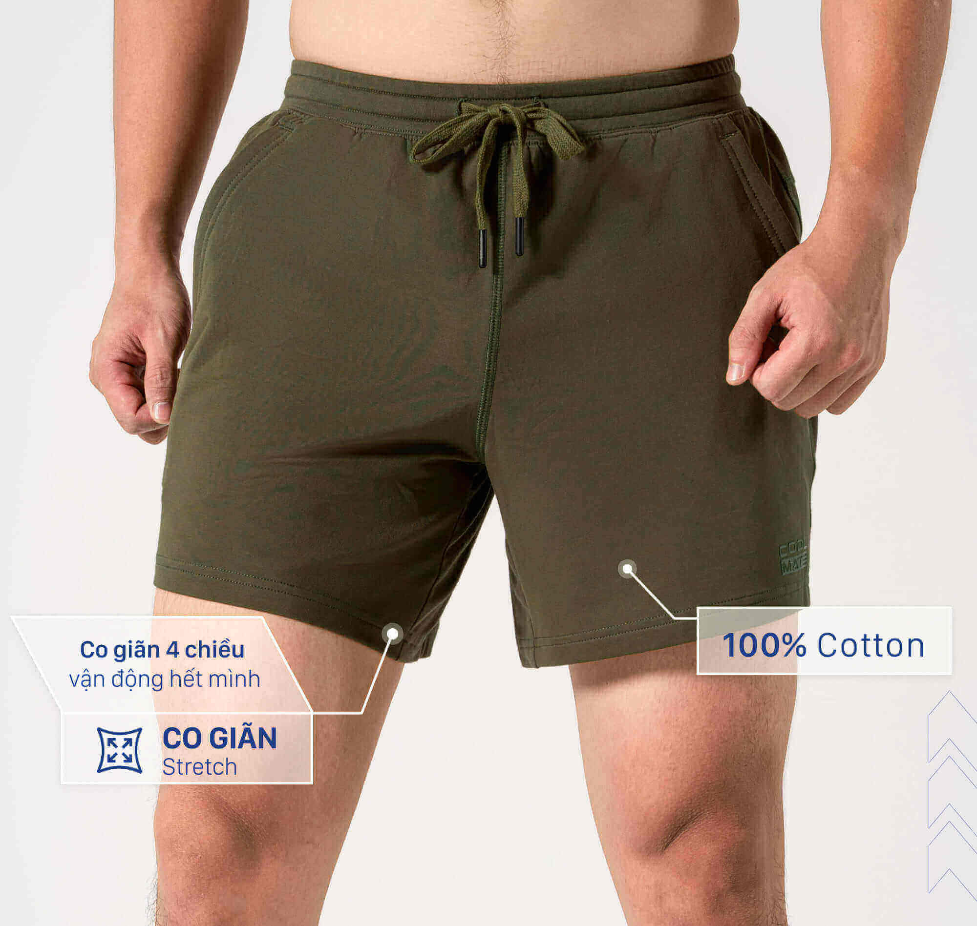 Chất liệu 100% cotton co giãn 4 chiều của quần short gym Coolmate