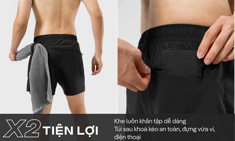 Chi tiết tiện ích của quần shorts: khe luồn khăn và túi sau có khóa kéo an toàn