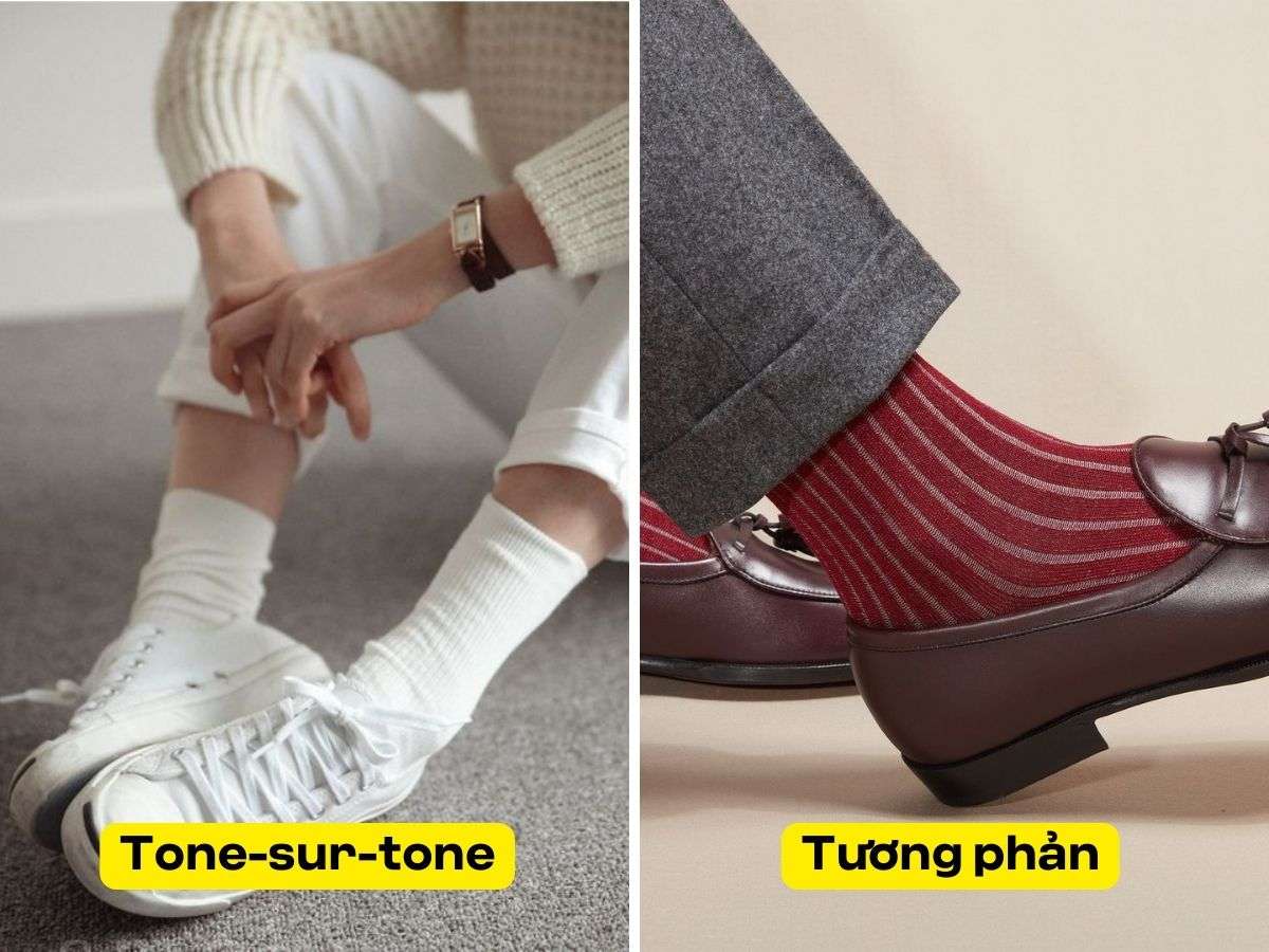 Anh em có thể chọn màu tất tone-sur-tone hoặc tương phản với màu quần