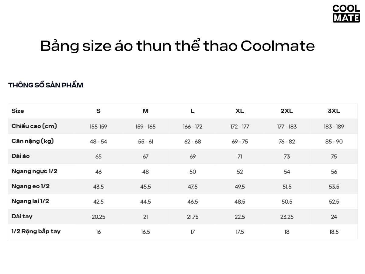 Bảng size áo thun thể thao Coolmate