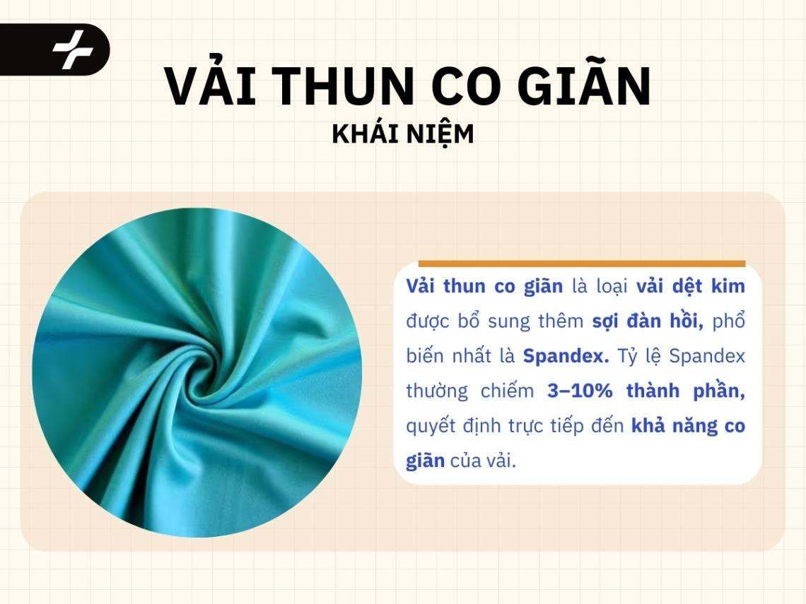 Vải thun co giãn là loại vải dệt kim được bổ sung thêm sợi đàn hồi