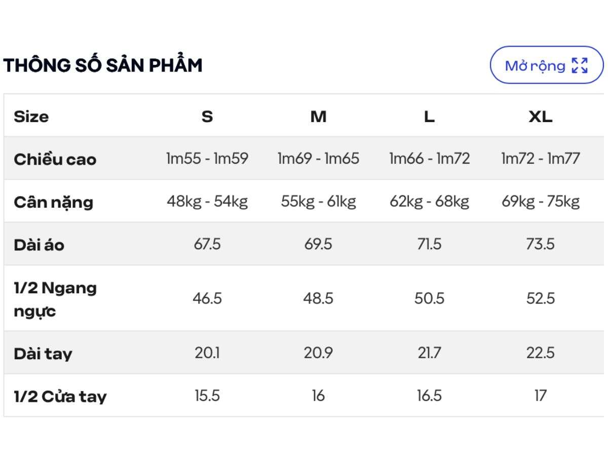 Bảng size áo thể thao nữ Coolmate