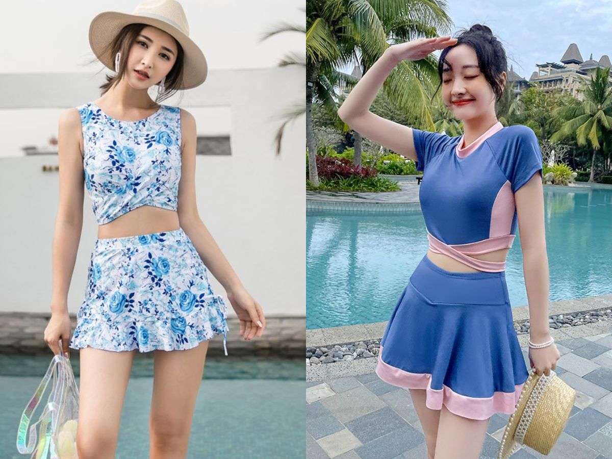 Đồ bơi dáng váy có phần váy xòe nhẹ che phủ hoàn toàn vòng 3 và phần đùi trên