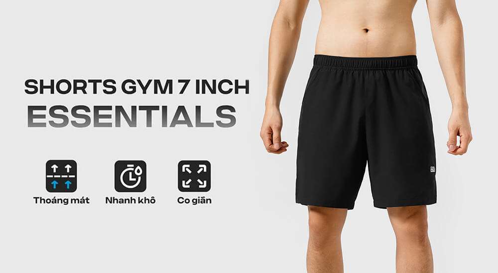 Mặt trước của quần shorts gym 7 inch Essentials màu đen
