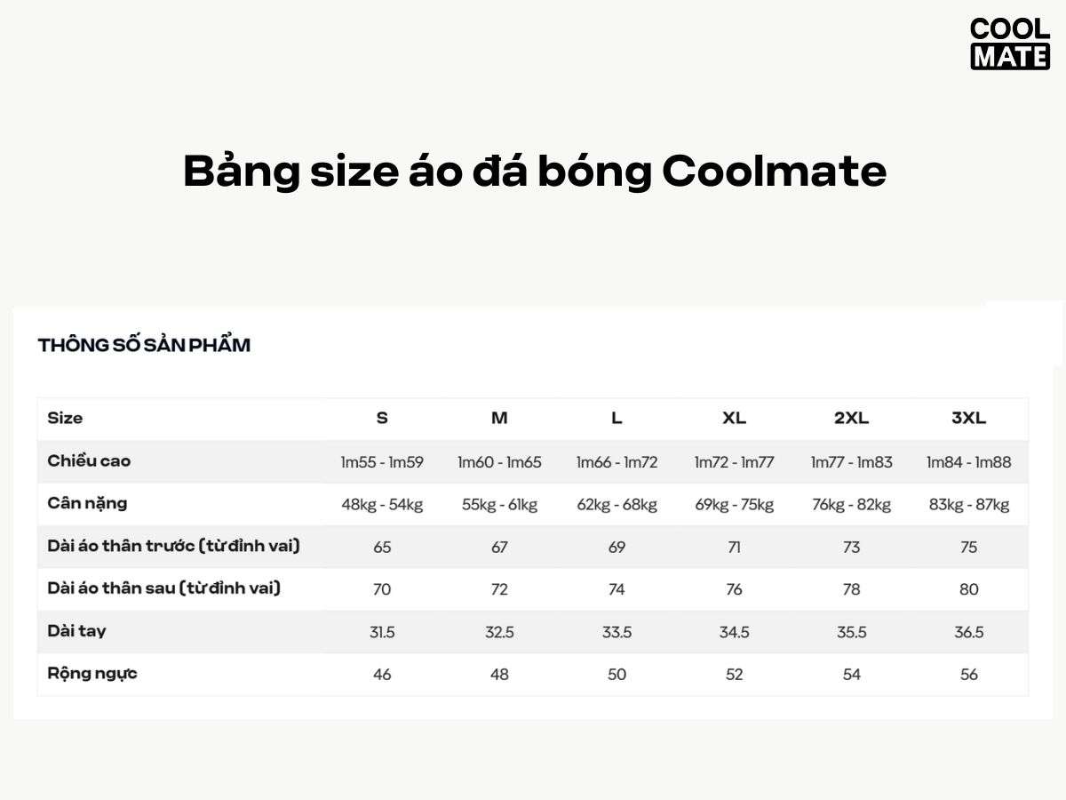 Bảng size áo đá bóng Coolmate