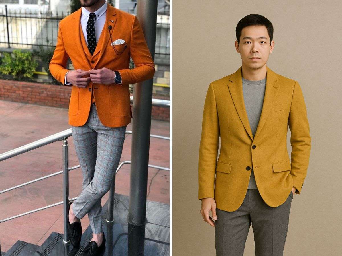 Áo vest/ áo blazer cam + quần xám là combo lí tưởng cho chàng cá tính