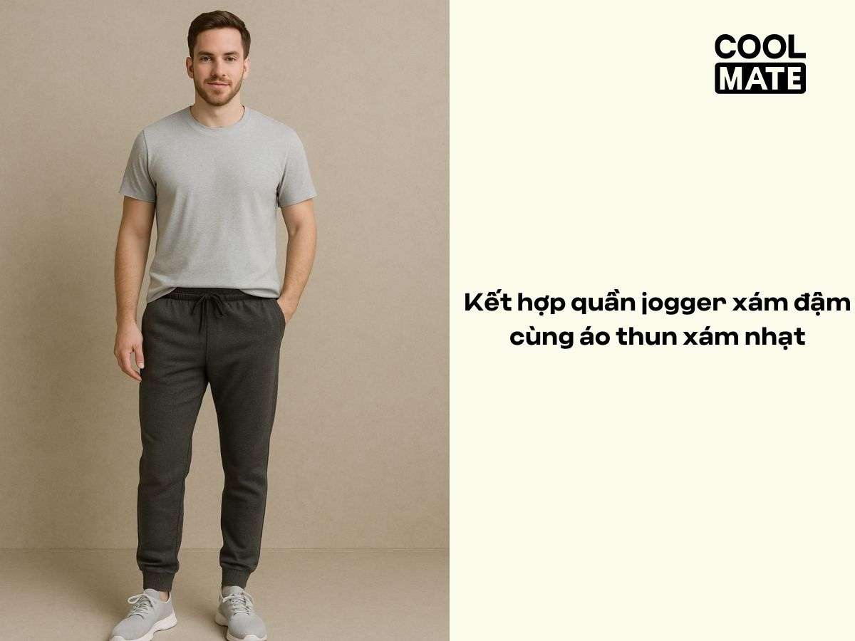 Kết hợp quần jogger xám đậm cùng áo thun xám nhạt