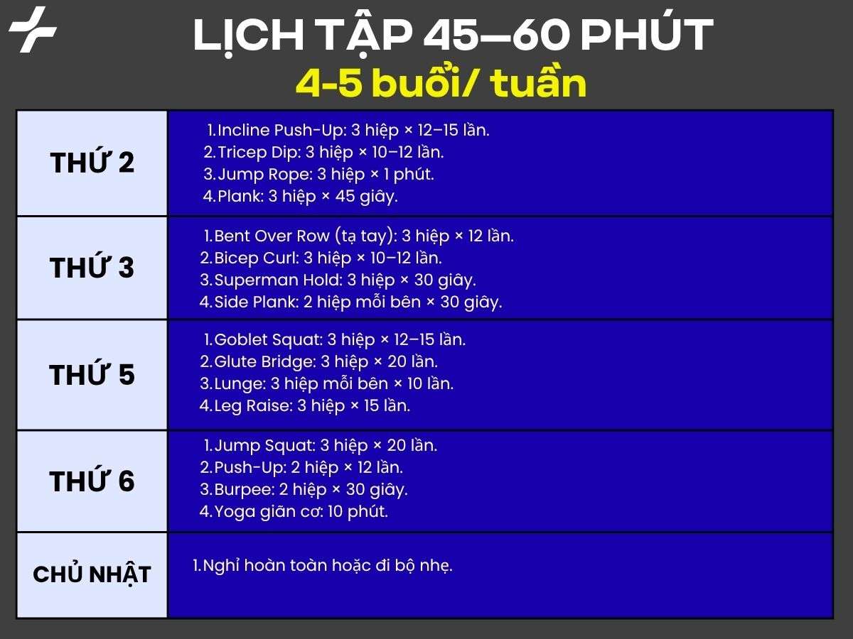 Lịch tập gym 45-60 phút dành cho người muốn tăng cơ hoặc cải thiện thể hình