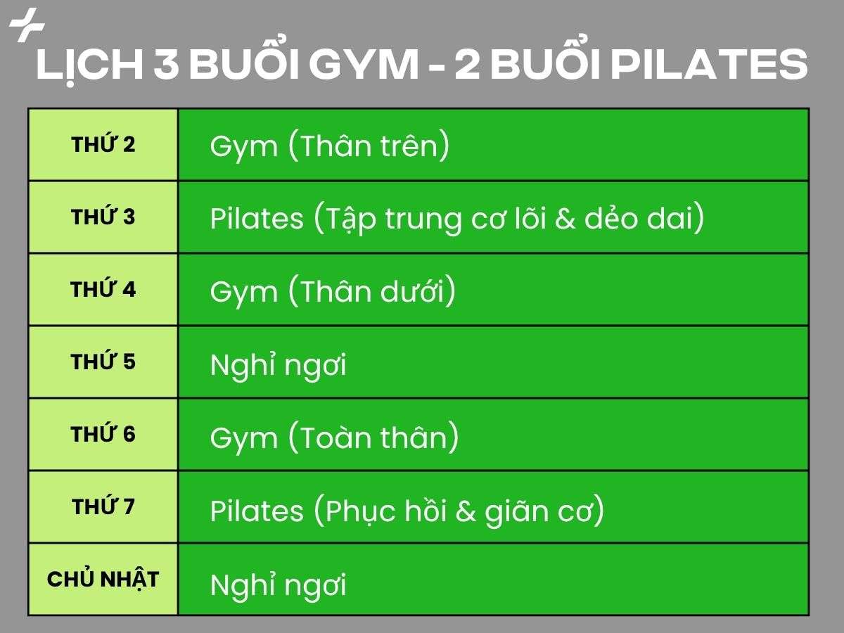 Lịch tập 3 buổi Gym và 2 buổi Pilates