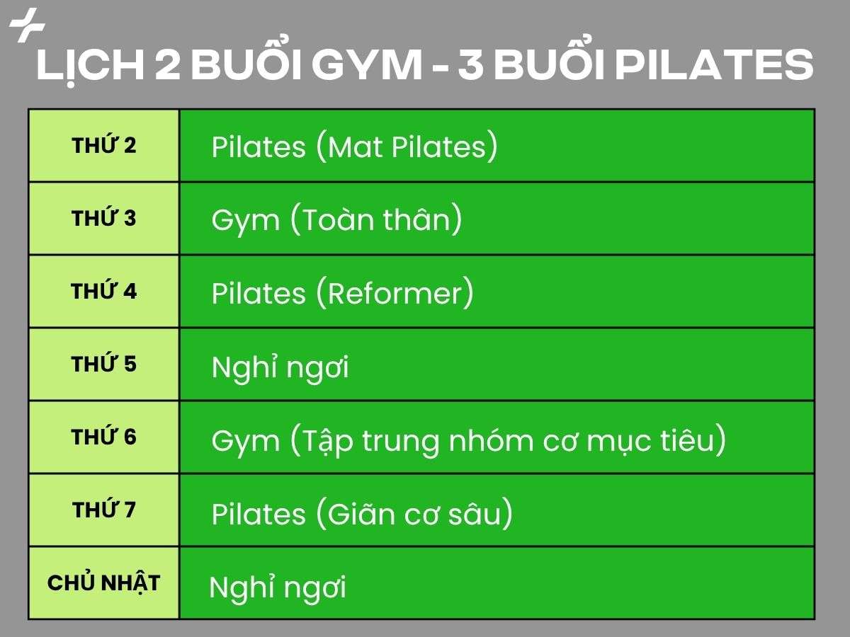 Lịch tập 2 buổi Gym và 3 buổi Pilates