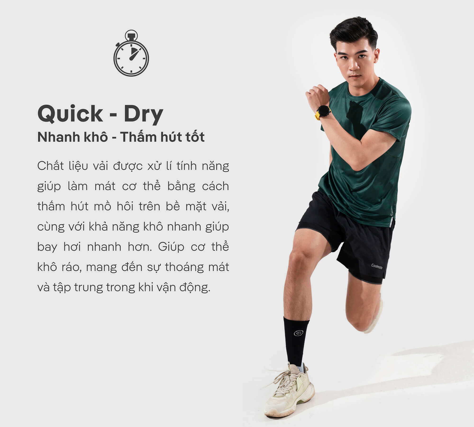 Người mẫu chạy bộ với áo thun Advanced, minh hoạ cho khả năng nhanh khô và thấm hút tốt