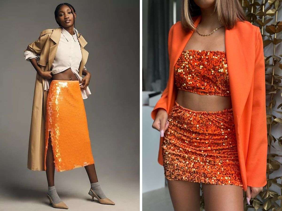 Bao lấp lánh với đầm cam sequin