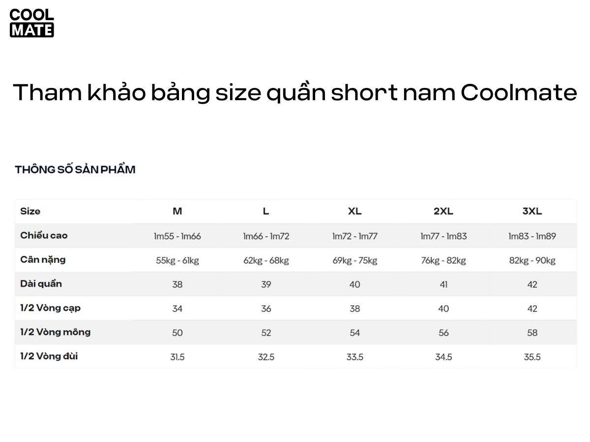 Bảng size quần short nam tập gym tại Coolmate