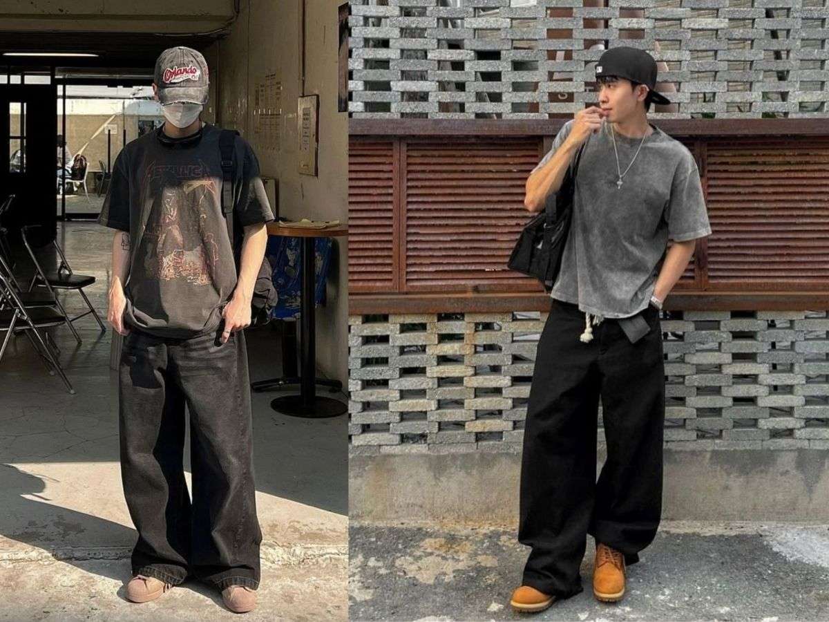 Diện áo thun oversize nam và quần ống thụng màu đen, tạo phong cách streetwear năng động và thoải mái