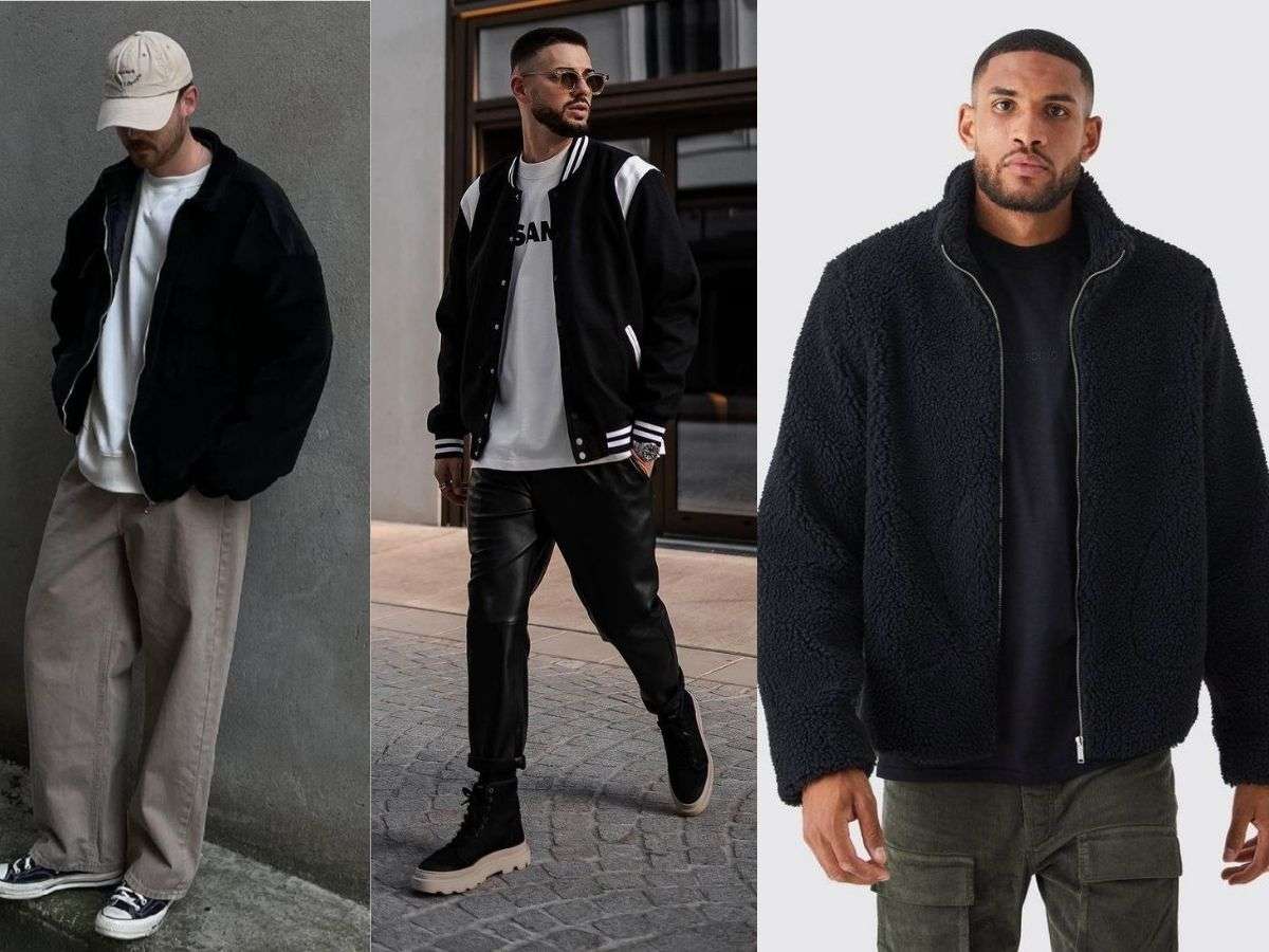Phong cách layering áo khoác bomber và áo thun oversize nam, mang lại vẻ ngoài hiện đại và đầy cá tính