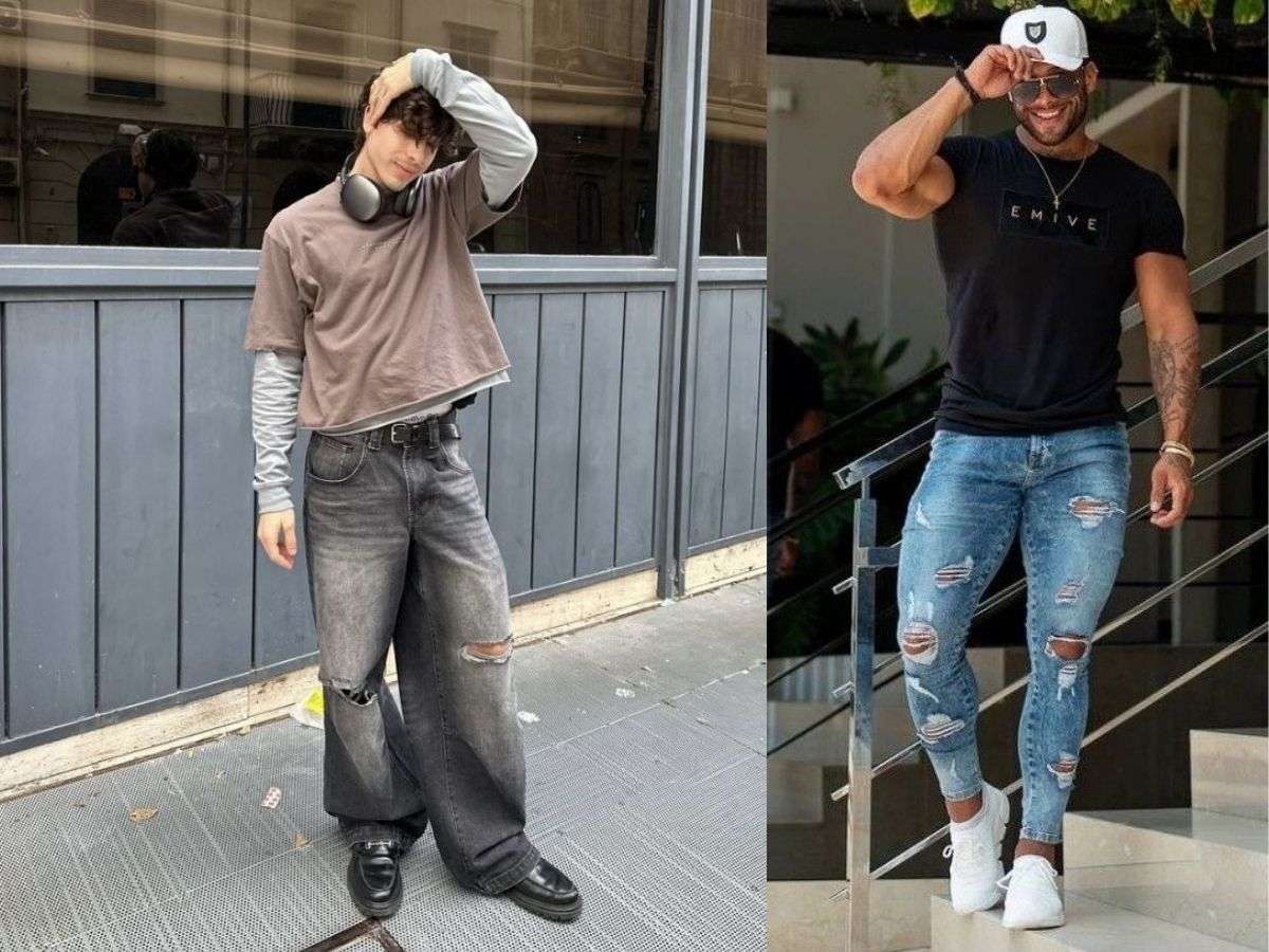 Cách phối đồ với áo thun oversize nam và quần jeans rách gối, thể hiện phong cách bụi bặm và cá tính