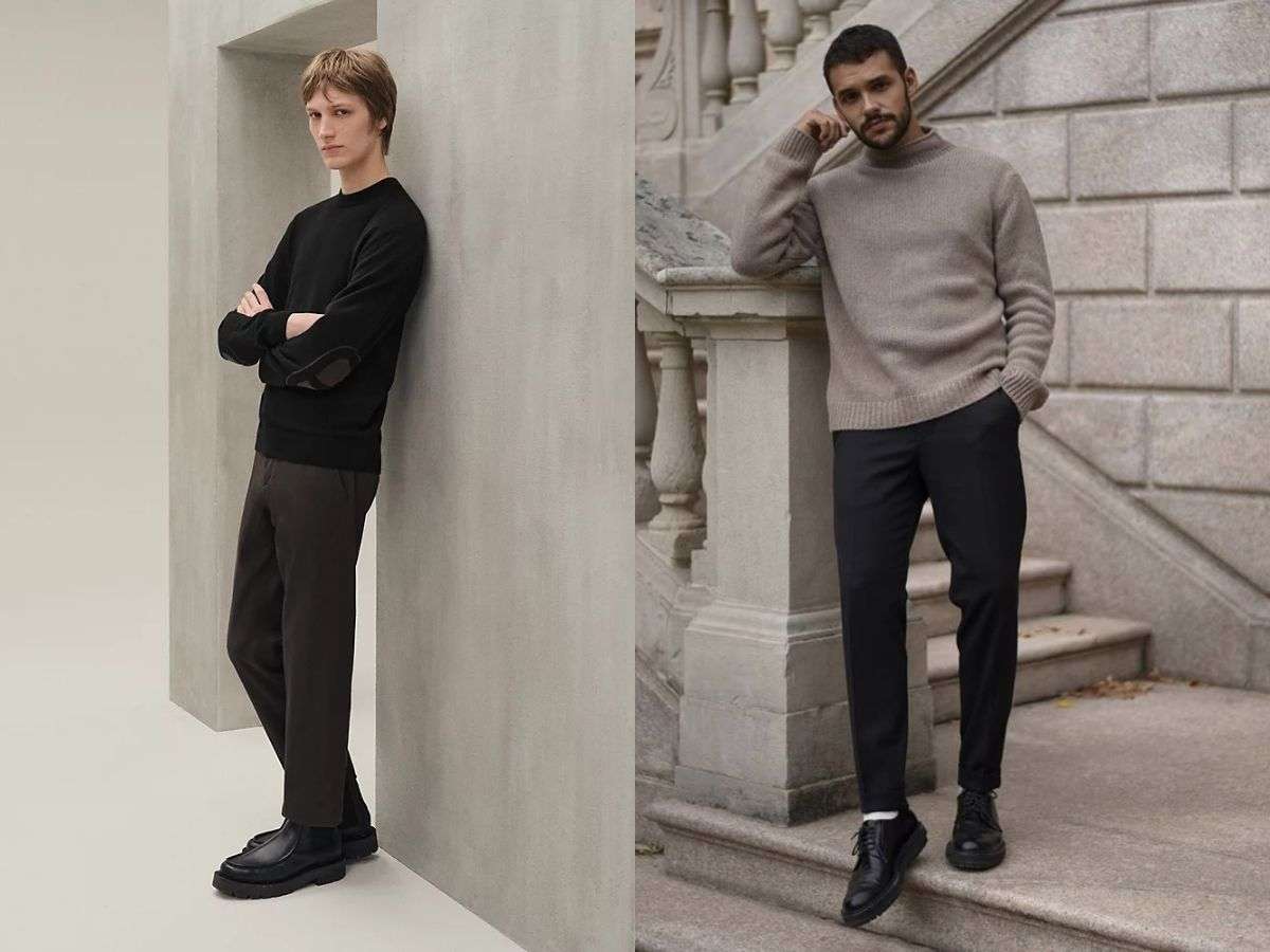 Quần Âu giúp phong cách với áo len cashmere trở nên trang trọng và tinh tế