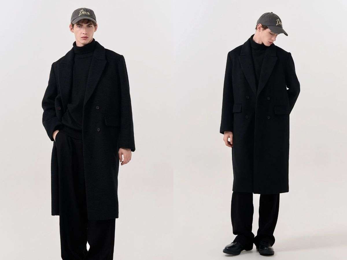 Áo len cashmere kết hợp quần Âu và áo măng tô đen tạo vẻ lịch lãm, sang trọng