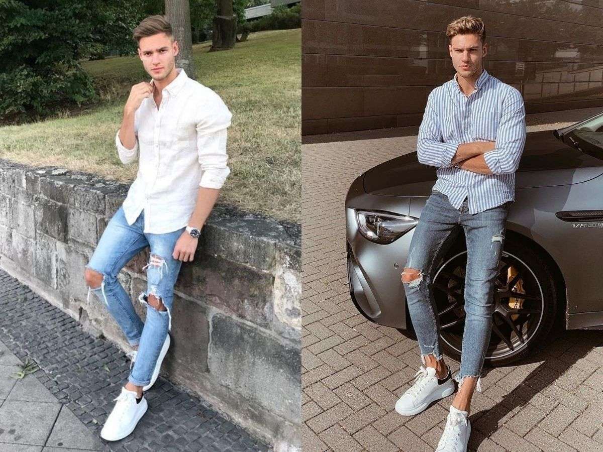 Quần jean với giày Adidas và áo sơ mi thanh lịch