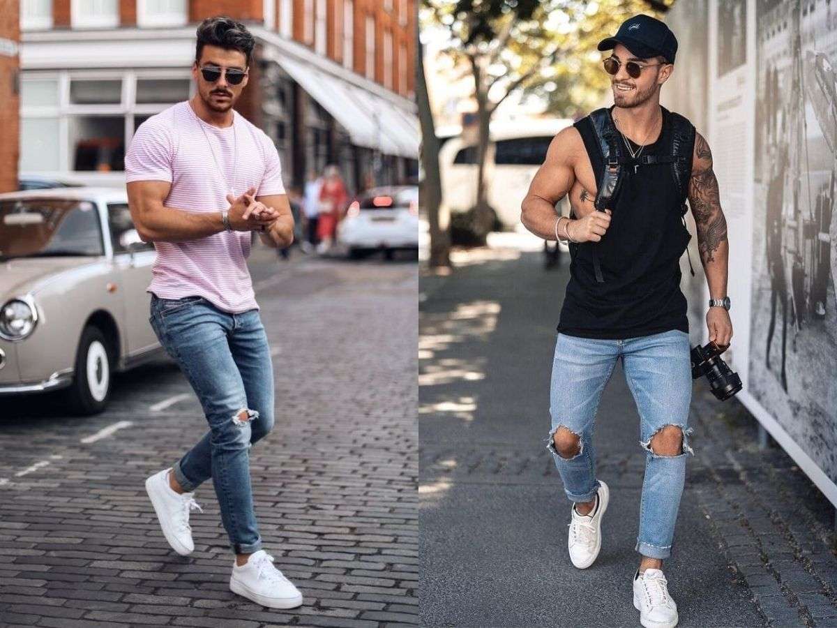 Kết hợp giày Adidas và quần jean cho vóc dáng cơ bắp