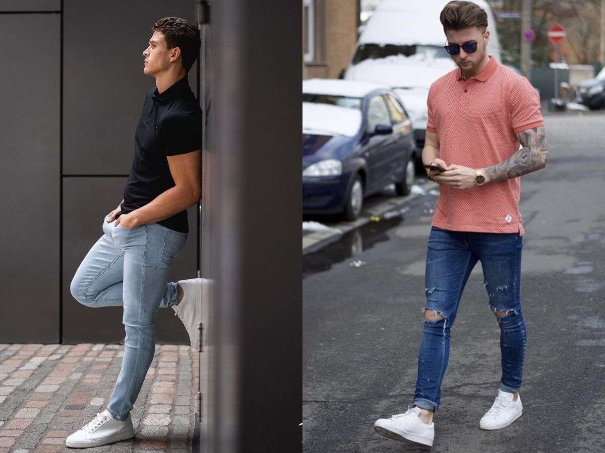 Áo polo cùng quần jean và giày Adidas tạo cảm giác sáng sủa