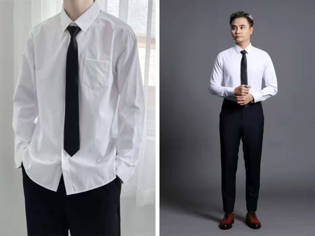 Sơ mi trắng kết hợp với cà vạt sọc đen