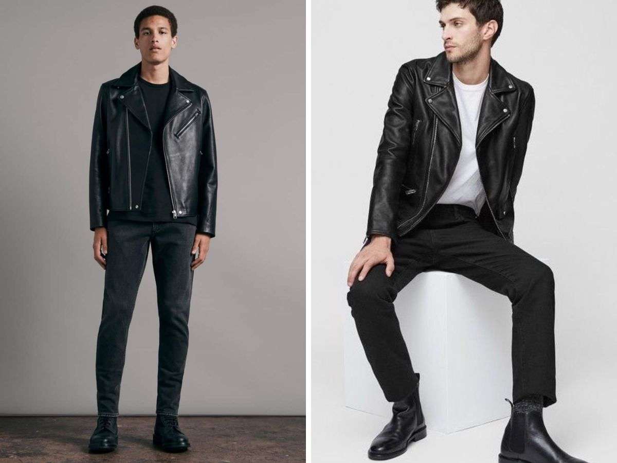Áo khoác da mix với quần jean slim fit đen tạo nên outfit nam tính và mạnh mẽ