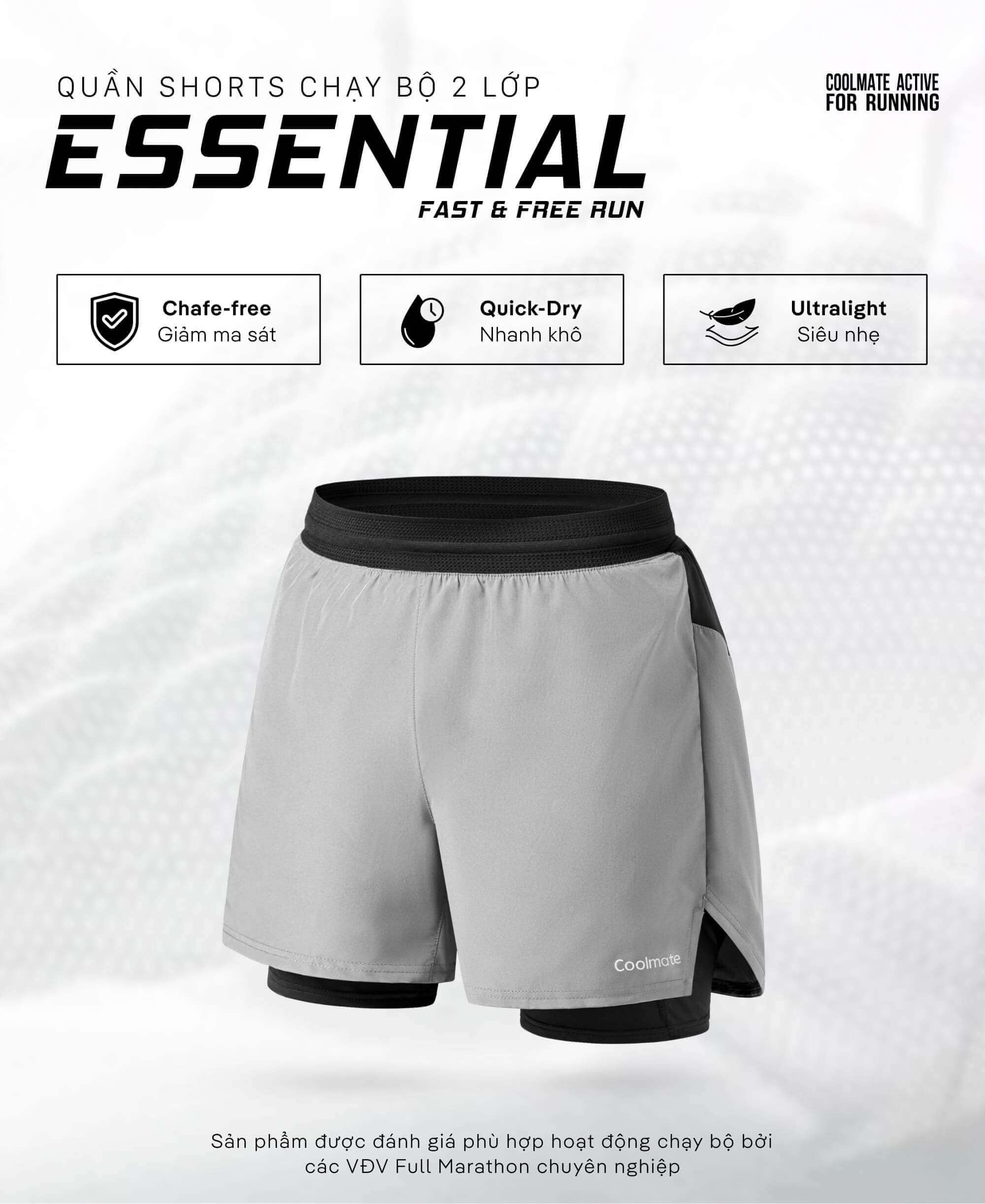 Quần short chạy bộ 2 lớp Essential màu xám với các tính năng chuyên dụng
