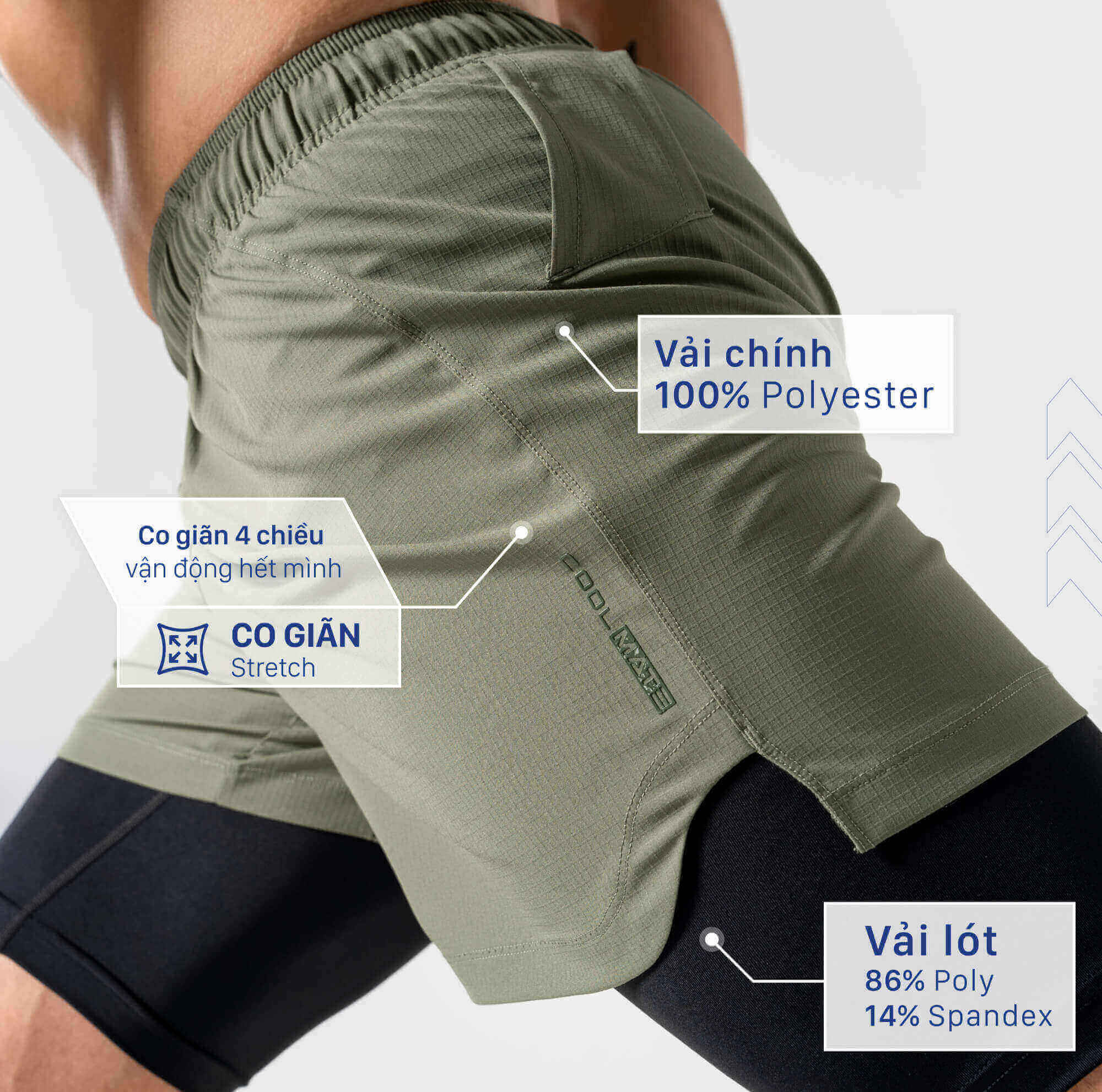 Cấu trúc 2 lớp của quần short gym với vải chính polyester và vải lót poly spandex