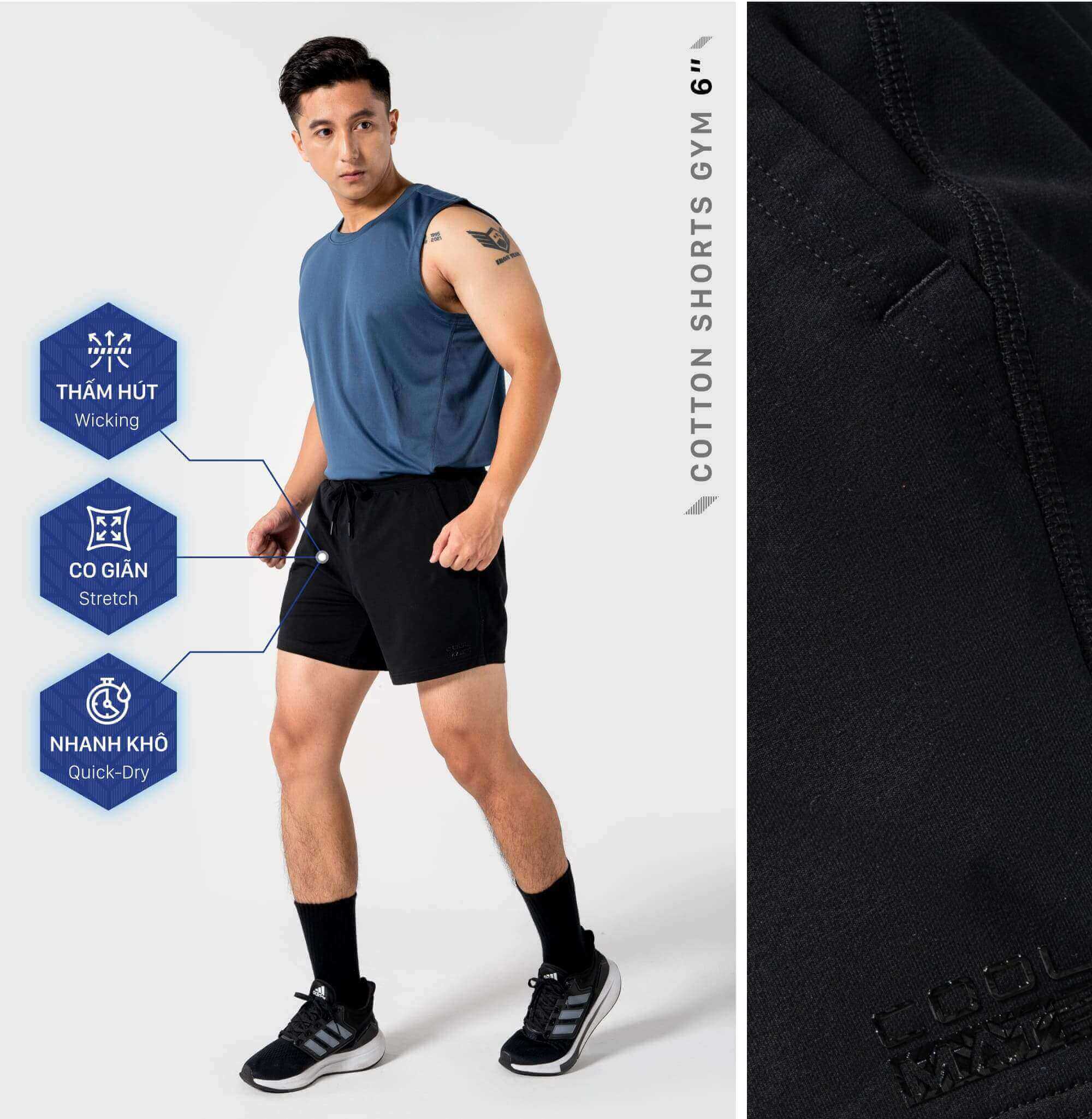 Quần short gym cotton 6 inch Coolmate với tính năng thấm hút, co giãn, nhanh khô