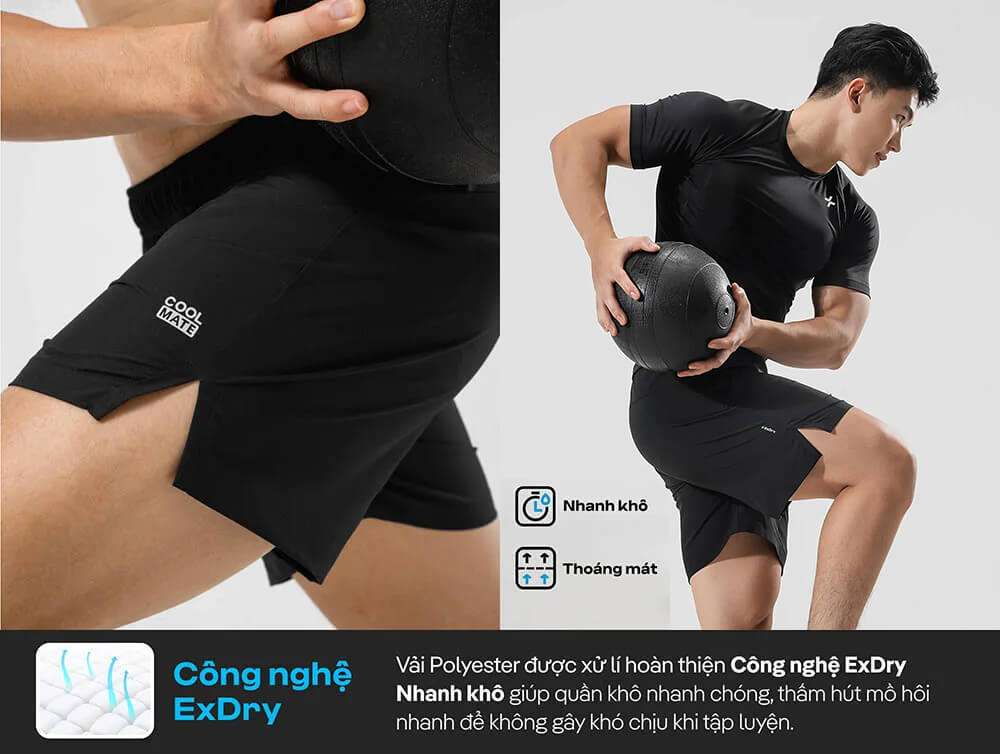 Người mẫu nam mặc quần shorts gym 7 inch, làm nổi bật công nghệ ExDry nhanh khô