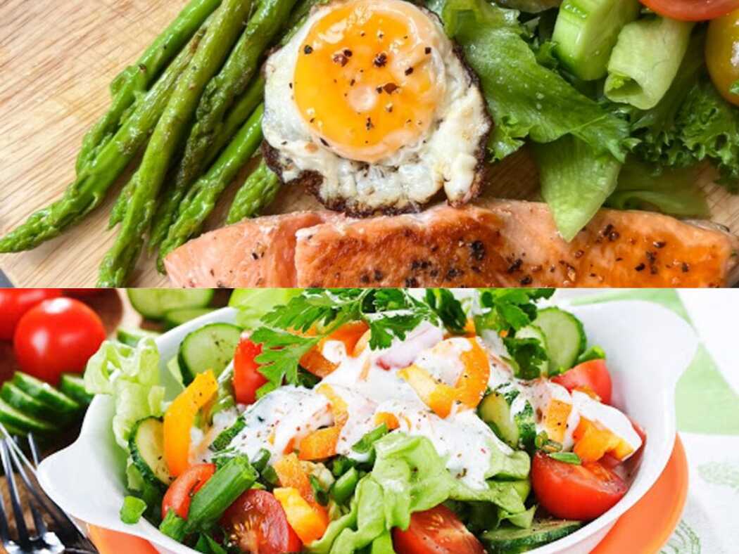 Thực đơn giảm mỡ giữ cơ với cá hồi, salad ức gà, trứng, và rau xanh ít calo
