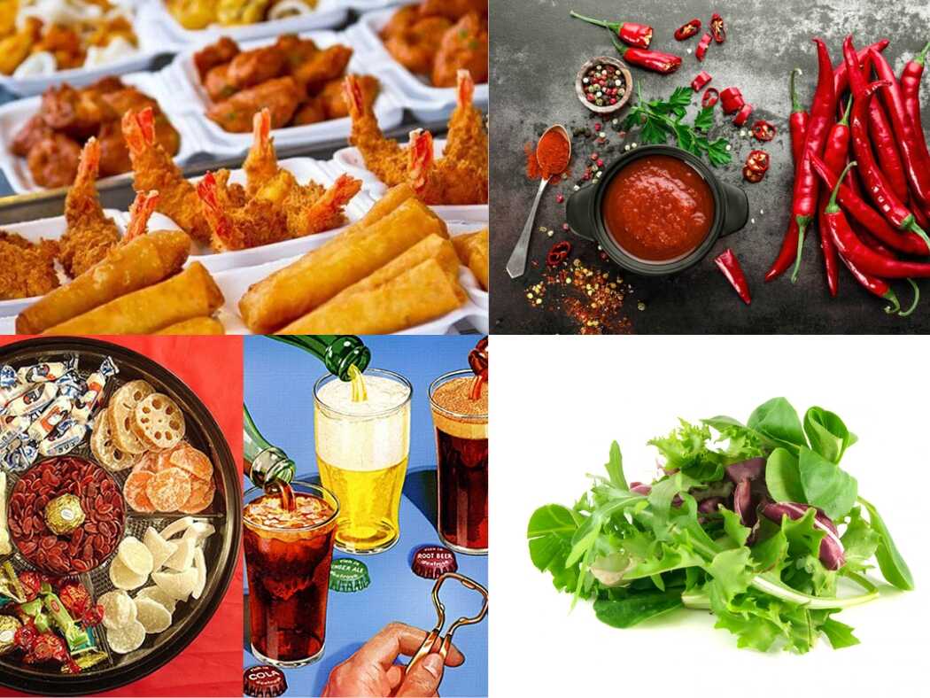 Những đồ chiên rán, đồ ngọt, rượu bia, rau đơn lẻ và món quá cay nên tránh ăn sau khi tập