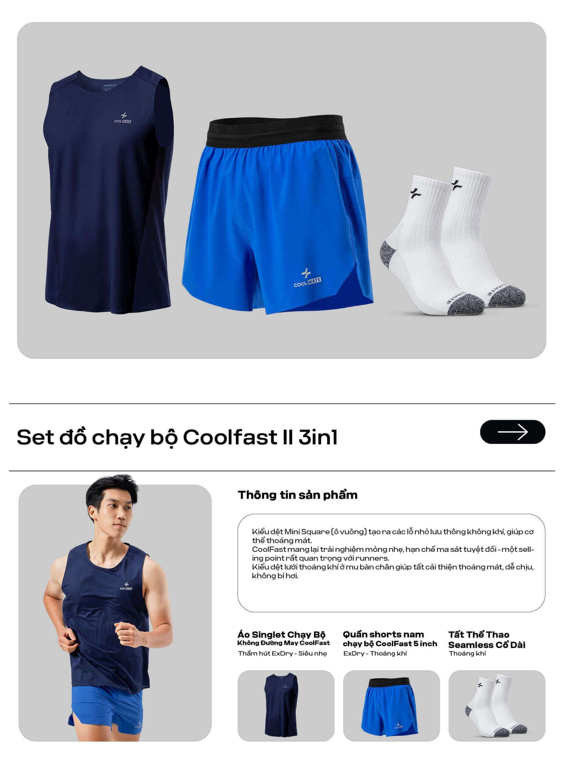 Set đồ chạy bộ CoolFast II 3in1 bao gồm áo singlet, quần short và tất thể thao